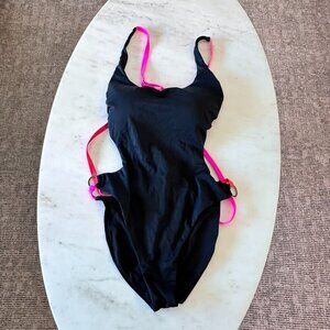 NWT Ashley Graham Sexy Swimsuit All Black and Neon Pink Straps One Piece